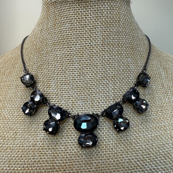 Vintage Monet Black Rhinestone Statement Necklace With Gunmetal Chain Adjustable - Picture 2 of 12